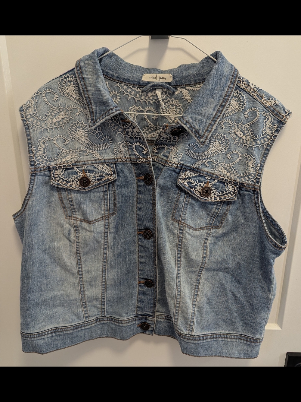 Tribal Light Wash Denim Vest with Lace Yoke - Picture 2 of 7
